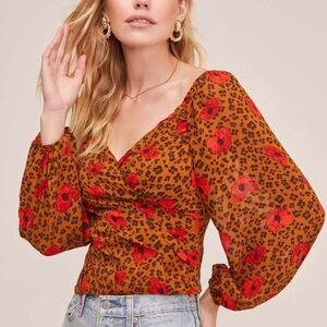 ASTR the label leopard print long sleeve off the shoulder cropped blouse